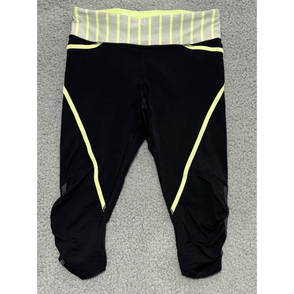 Lululemon Run Pace Crop Pants Size 6 Capris Black Green Running Gym Athletic